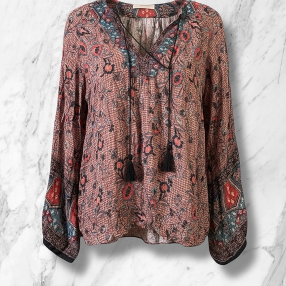 Lavender Brown Tops - Boho Lavender Brown Top Bell Sleeves Small Floral Pattern Tie Scoop